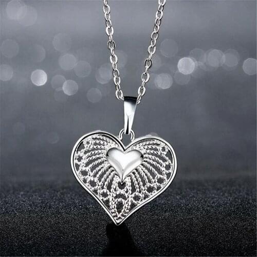 925 Sterling Silver colorNecklace For Women Hollow Love Heart Shaped Pendants Necklaces Sterling Silver colorJewelry