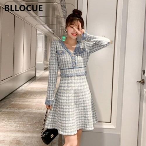 BLLOCUE Autumn Fashion Runway Tassel knitting Dress Womens Long Sleeve V-Neck Elegant Vintage Houndstooth A Line Dress