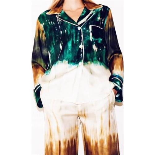 ZXQJ Women 2021 Fashion With Pockets Tie-Dye Print Loose Blouses Vintage Long Sleeve Button-up Female Shirts Chic Tops