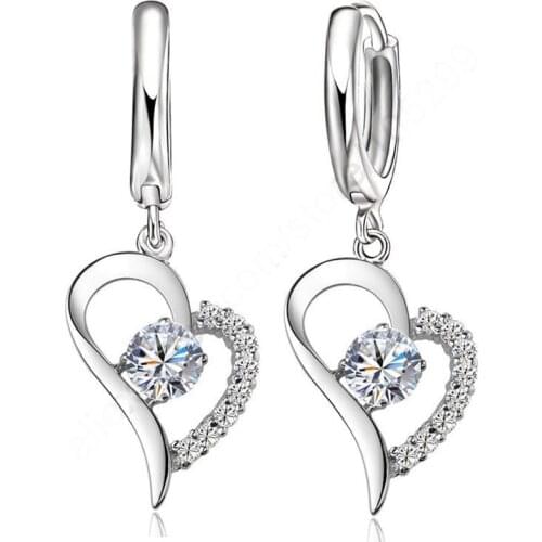 Crystal Cubic Zirconia Fine Jewellery Set 925 Sterling Silver Real Pure Heart Pendant Leverback Earrings Drop Accesory