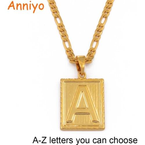 Anniyo A-Z Square Letters Necklace Gold Color Initial Pendant Chain for Men Women English Letter Alphabet Jewelry Gifts #104006