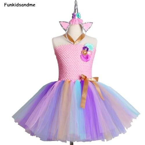 Kids Girls Unicorn Tutu Dress for Halloween Birthday Party Dress Children Girls Princess Flower Rainbow Unicorn Costume Clothes