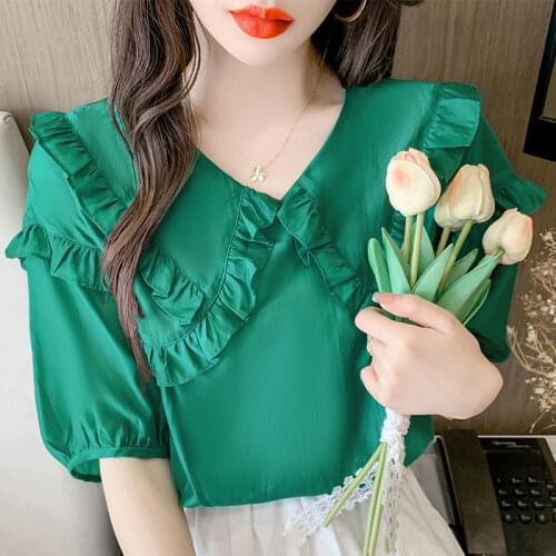European goods design sense niche short-sleeved shirt women 2021 summer new style ruffled V-neck shirt slim shirt