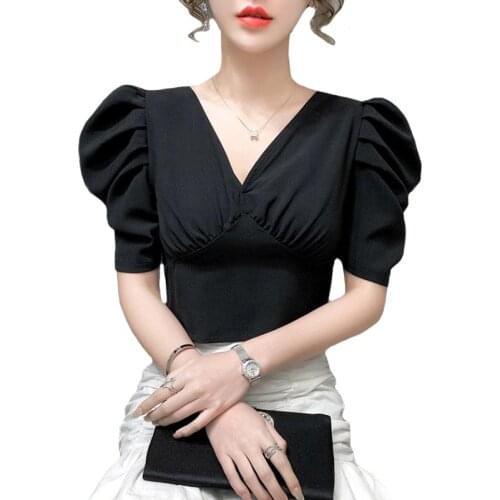 Puff Sleeve Short T-Shirt Female Summer 2021 New Womens T-Shirt Slim Solid Color Short-Sleeved Plus Size V-Neck Sexy Black Tops