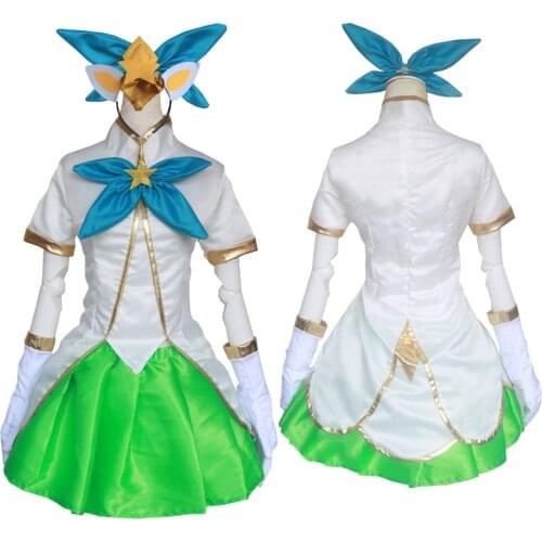 LOL Star Guardian Cosplay Costume Anime Lulu Cosplay Dress Magic Girl The Fae Sorceress Costume Full Set Green Wig with Ears