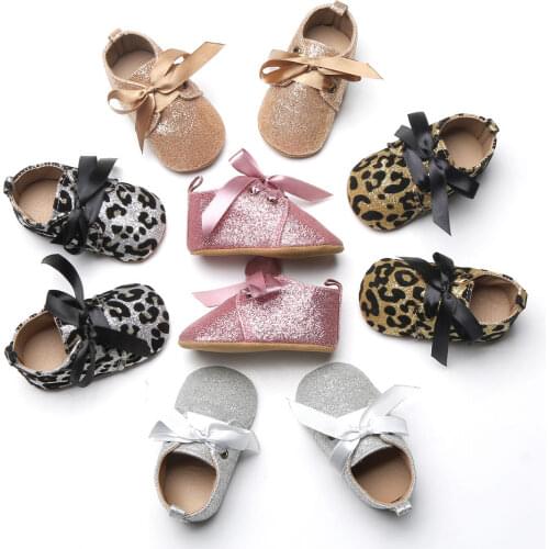 2017 New Infant Baby Boy Girl Glitter Trainers Soft Sole Pram Shoes Leopard Bow Baby First Walkers Shoes 0-18M