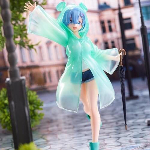 Original SEGA RE:Zero Rem Ram Raincoat Green Ver PVC Action Figure Model Kid Toys Anime Brinquedos Figurals