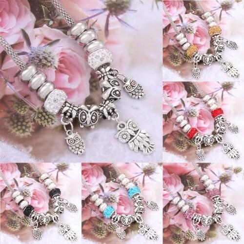 6 optional Lobster Buckle Snake Chain Owl Charm necklace For Women Glass Beads Brand Sweater chain & necklace DIY Jewelry