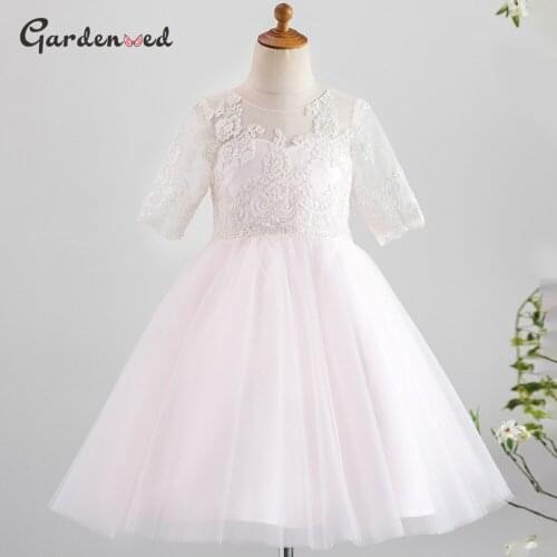 Pink Tulle Lace Scoop Kids First Communion Dress Tulle Skirt Pearls Beadings Flower Girl Dresses Little Bride Dresses Vestidos