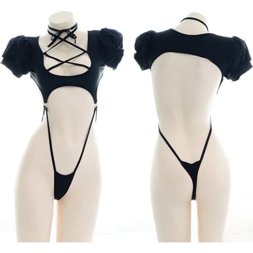 Sexy Girl One-Piece Pajamas Puff Sleeve Lace-up Sukumizu Swimsuit Black Lolita Hollow Out Short Sleeve Underwear Set Pajamas