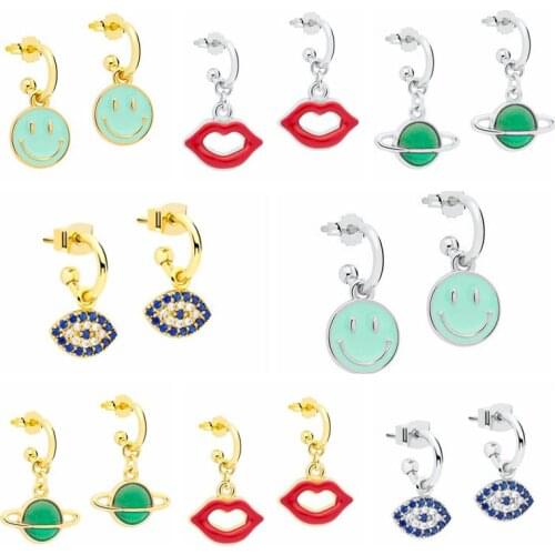 925 Silver Ear Needle Creative Multiple Styles Stud Earrings Women Smiley Lips Evil Eye Planet Pendant Earring Fashion Jewelry