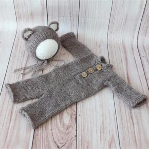 Knit Teddy Bear outfit Long sleeved Romper Overall photography prop Newborn Hooded Romper Set Crochet moahir Animal Hat