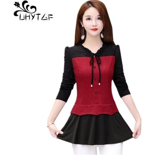 UHYTGF Womens shirt fashion women blouses stitching chiffon spring autumn blouse female Korean pullover slim plus size top 1003