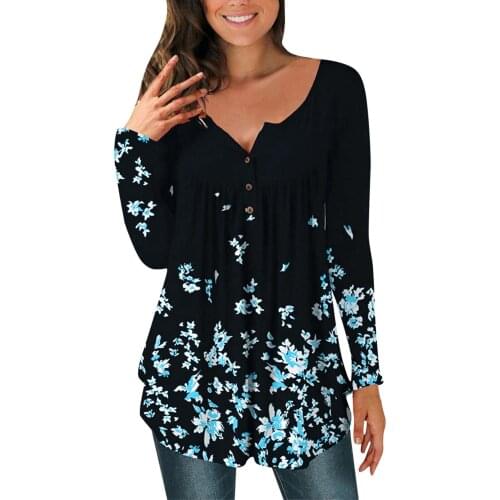 Autumn Fall Spring Women Loose Polyester Tops Flower Maple Leaf Print Front Button Wide Hem Base T-Shirt