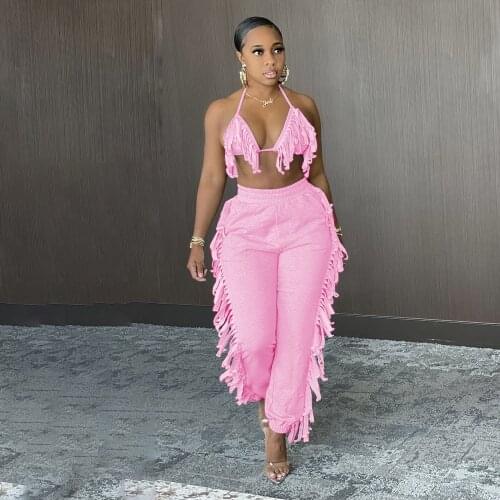 2021 Summer Women Two Piece Fashion Sexy Halter Top High Waist Fringed Stretch Pants Trousers Casual Party Club Clothing Women
