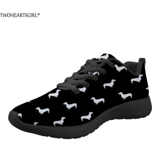 Twoheartsgirl Women Flats Shoes Cute Dachshund Prints Women Sneakers Breathable Lace Up Teenage Girls Walking Shoes for Female