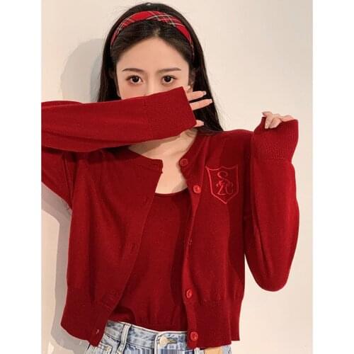 2 Piece Set Women Cardigan Sweaters 2021 Embroidery Knitted Red Cardigan and Camisole Female Elegant Crop Top Long Sleeve Slim