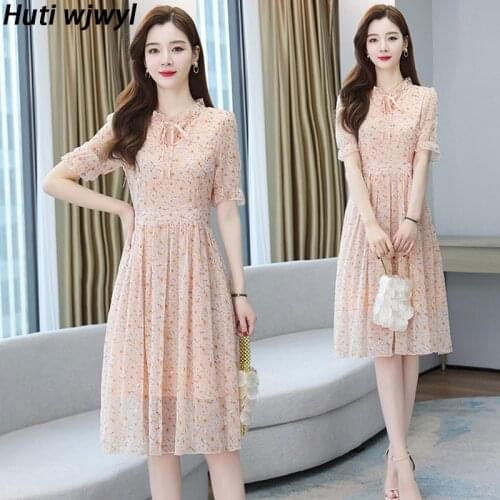 Spring Summer Vintage Plus Size Floral Chiffon Sundress 2021 New Boho Beach Pink Midi Dress Elegant Women Bodycon Party Vestidos
