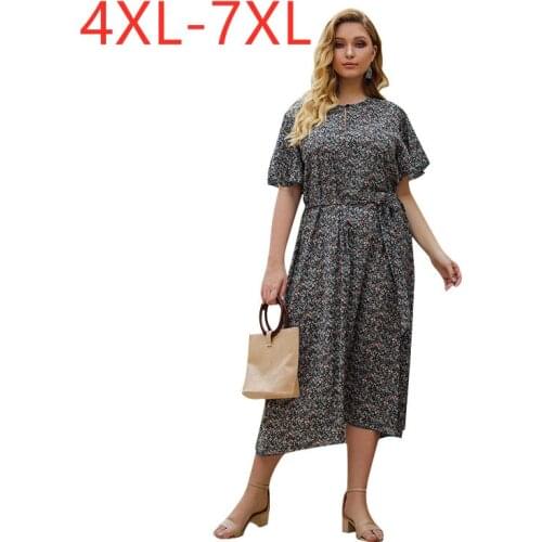 New 2021 summer plus size long dress for women large short sleeve loose casual floral print flower dresses belt 4XL 5XL 6XL 7XL