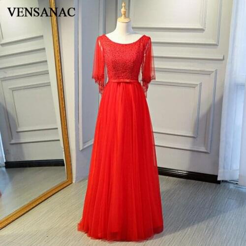 VENSANAC Pearls O Neck A Line Long Evening Dresses Elegant Half Sleeve Bow Sash Backless Party Prom Gowns