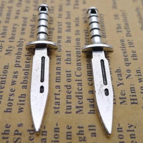 100pcs Knife Sword Charms 10mm x 40mm DIY Jewelry Making Pendant antique silver color