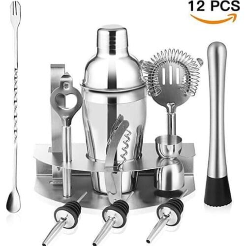 12pcs Stainless Steel Cocktail Shaker Mixer Wine Martini Boston Set Barware Kit For Bartender Drink Party Bar 350-750ML Tools