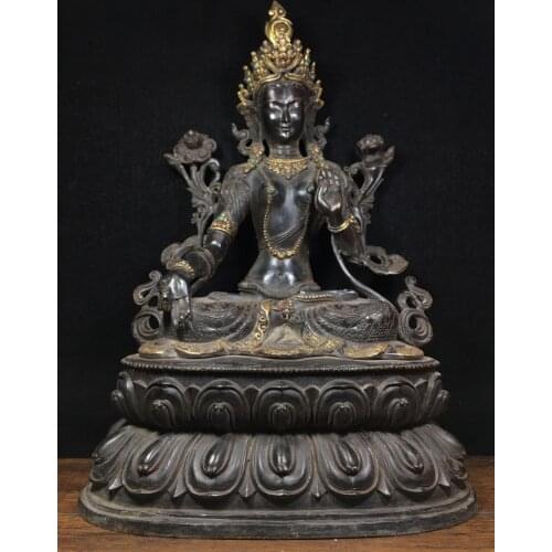 19" Tibet Buddhism Old bronze Gem Seven-eyed Green Tara Buddha Statue Guanyin Bodhisattva statue Double Lotus Terrace Enshrine