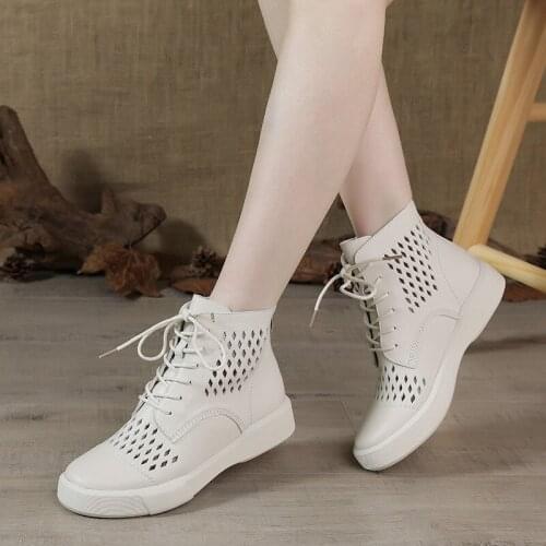 2021 Leather Flat-heel Martin Boots Hollow Short Boots Women Summer Breathable First Layer Cowhide Mesh Soft Cowhide Shoes Tide