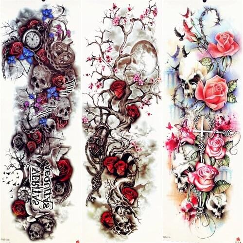 3D Plum Blossom Moon Tree Red Rose Temporary Tattoo Stickers Big Lock Flower Cross Tattoo Stickers Men Women Legs Tatoo Skull