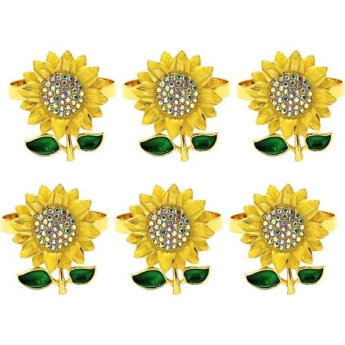 6PCS Napkin Rings Sunflower Napkin Holder Rings Metal Diamond Napkin Adornment for Christmas, Thanksgiving Day, Birthday