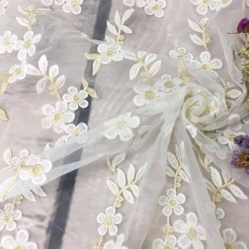 5y African Popular French Lace Cord Embroidery Organza Lace Fabric For Wedding Dress Gold Wire Embroidered Voile Net Lace Fabric