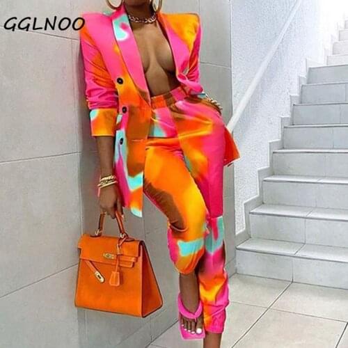 GGLNOO 2021 New European And American Autumn Fashion Sexy Sport Print Coat Suit Leisure Suit Trousers Two Pieces Set