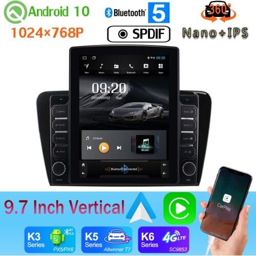 GPS Navigation 4G WiFi 9.7" Vertical Tesla Head Unit Android 10 Car Media Radio PX6 4+64G For Skoda Octavia 2013-2019 360 Camera