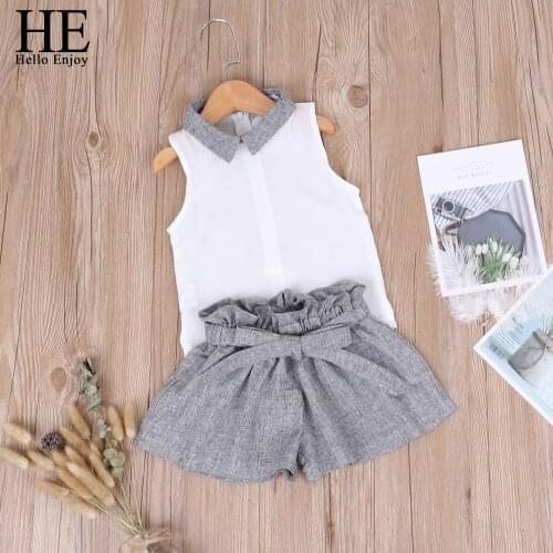 HE Hello Enjoy Girls Clothing Sets 2020 Summer Solid Chiffon Sleeveless Tops+Bowknot Shorts Girl Kids Clothes Children Clothing