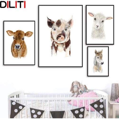 Pig Cattle and Sheep Farm Animals Wall Art Painting Nordic Canvas Posters and Prints for Baby Kids Bedroom Decorative Pictures