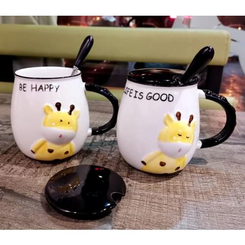 Ceramic Creative Coffee Mug Mugs Home Breakfast Milk Oatmeal Cup with Lid Spoon Couple Gift Office Cute Cartoon Porcelain Cups