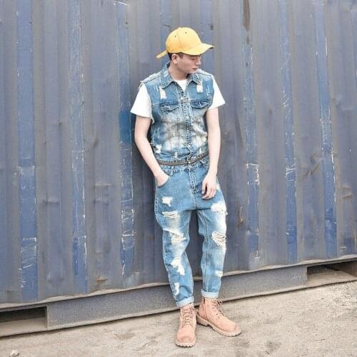 Detachable Rompers Mens Jumpsuit Summer Fashion Denim Overalls Ripped Hole Ankle Length Pants Men Jeans Vest Casual Light Blue