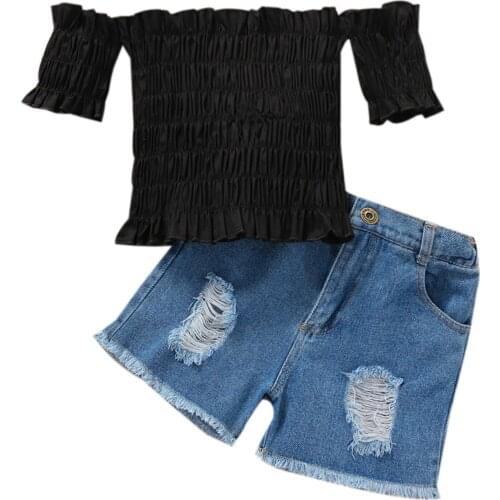 Girls Clothing Sets Summer Fashion Toddler Girls Clothes Kids Short Sleeve Off Shoulder Top Ripped Denim Shorts Girl Suit
