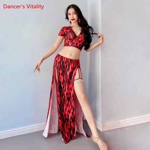 Belly Dance Suit V-Neck Leopard Print Top Split Skirt Performance Clothes Female Adult Elegant Competition Practice Clothing