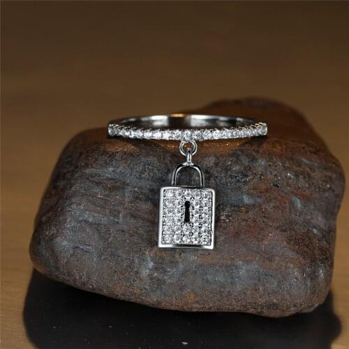 Creative Small Lock Pendant Ring Classic Gold Silver Color Engagement Ring White Zircon Full Stone Rings For Women Party Jewelry