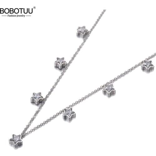 BOBOTUU Trendy Bohemia Stainless Steel CZ Crystal Love Star Choker Necklaces For Women Girl Chic Charm Pendant Necklace BN19204