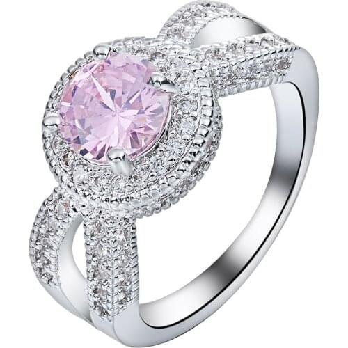 Fashion Women Engagement Ring Pink Austrian Crystal Rose gold-color Full Size White Zircon Ring Wedding Bride Band Jewelry