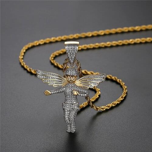 New Design Angel Pendant Pave Bling Cubic Zircon Necklace Fashion Golden Hip Hop Iced Out Party Jewelry For Men