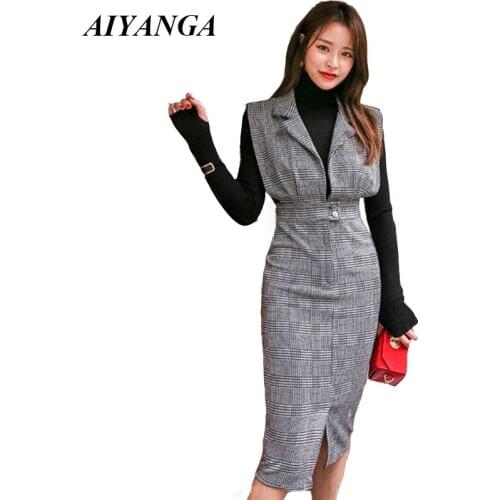 OL Women Sets 2018 Autumn Winter Tracksuit Female 2 Pieces Fashion Elegant Office Lady Medium Long Dress Turtleneck Tops Plaid