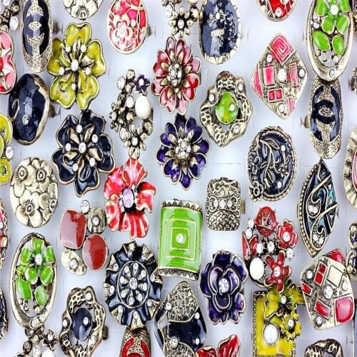 Wholesale Lots 12Pcs Oversize Drop Oil Rhinestone antique brass Rings Vintage Style Band Wedding Engagement Gift Fashion Jewelry