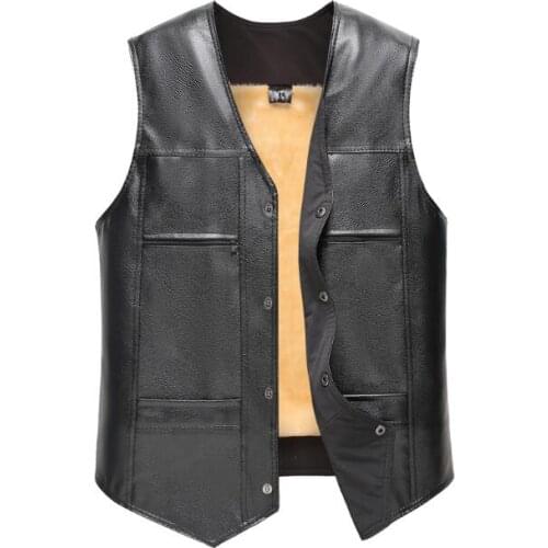 Autumn and winter mens PU leather vest Male faux fur lining waistcoat quinquagenarian black leather vest TB422
