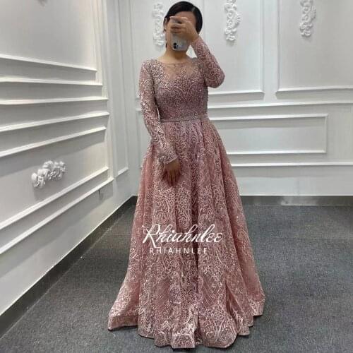 Dubai Luxury Design Champagne Evening Dresses A Line Beaded Sash Long Sleeve Lace Formal Dress Rhiahnlee