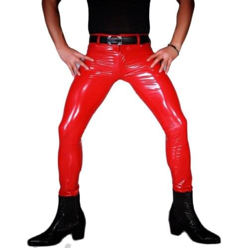 Sexy Men PVC Shiny Pencil Pants Tight Faux Leather Plus Size Punk Tight Elastic Zipper Fly Moto Pants Nightclub Gay Wear F123
