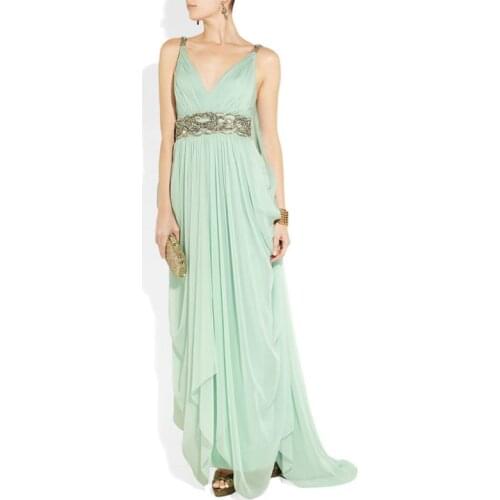 Greek Style Light Blue Beach Prom Dresses 2020 V Neck Beading Chiffon Evening Gown A-Line Watteau Train Long Elegant Party Dress