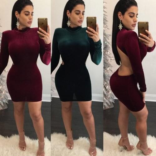 Sexy Club Winter Dress 2018 Women Velvet Party Backless Dresses Bodycon Long Sleeve Back Button Dress Elegant Turtleneck Vestido